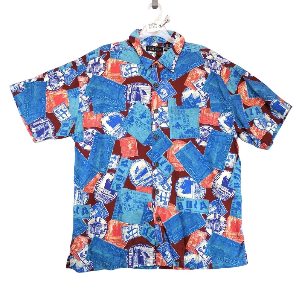 Vtg Cactus Black Label Hawaiian Shirt Men's XXL Button Up Blue Tropical Postcard